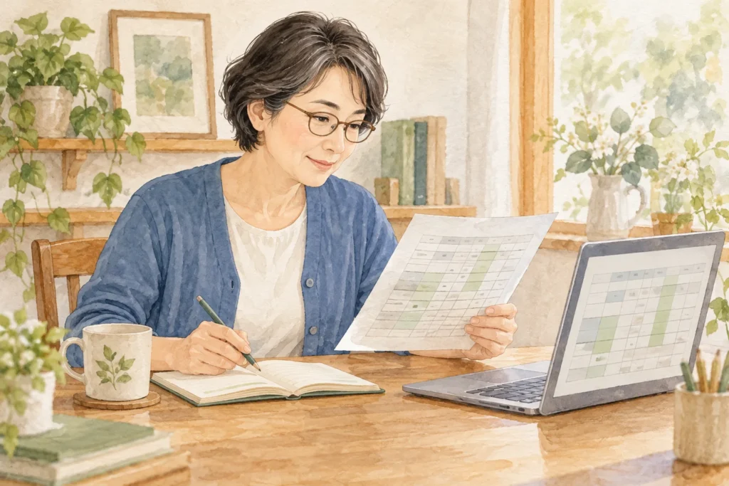 パソコンの集計表と手元の資料を見比べて結果を確認する会社員のイメージ
