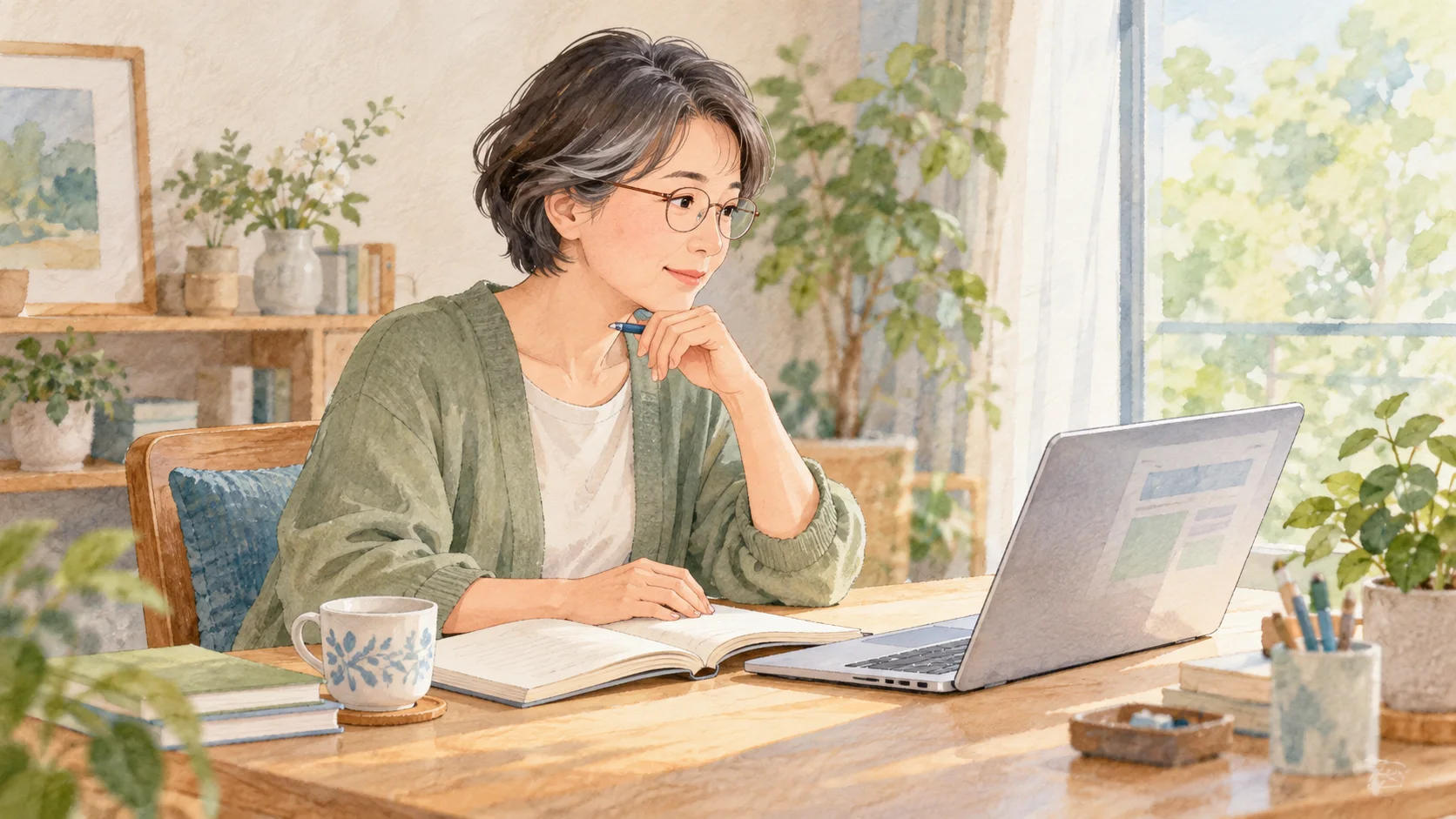 ノートとパソコンで学び直しに取り組む50代の会社員のイメージ