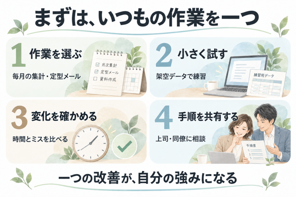 事務は入力から分析へ、営業は商談メモから資料作成へ、現場担当者は困りごとから改善提案へと仕事を広げる例。