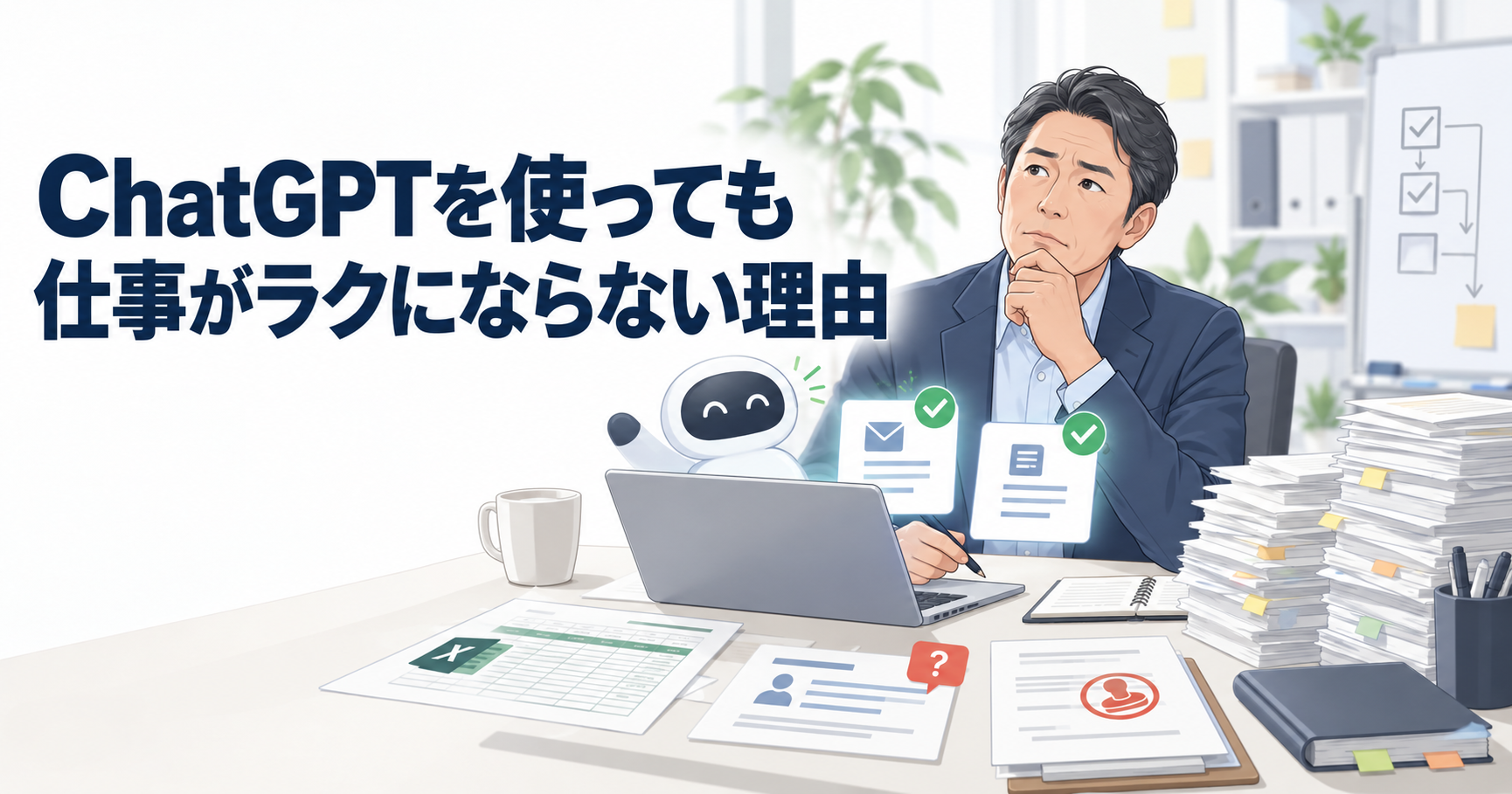 ChatGPTを使っても仕事がラクにならない理由を表したイメージ