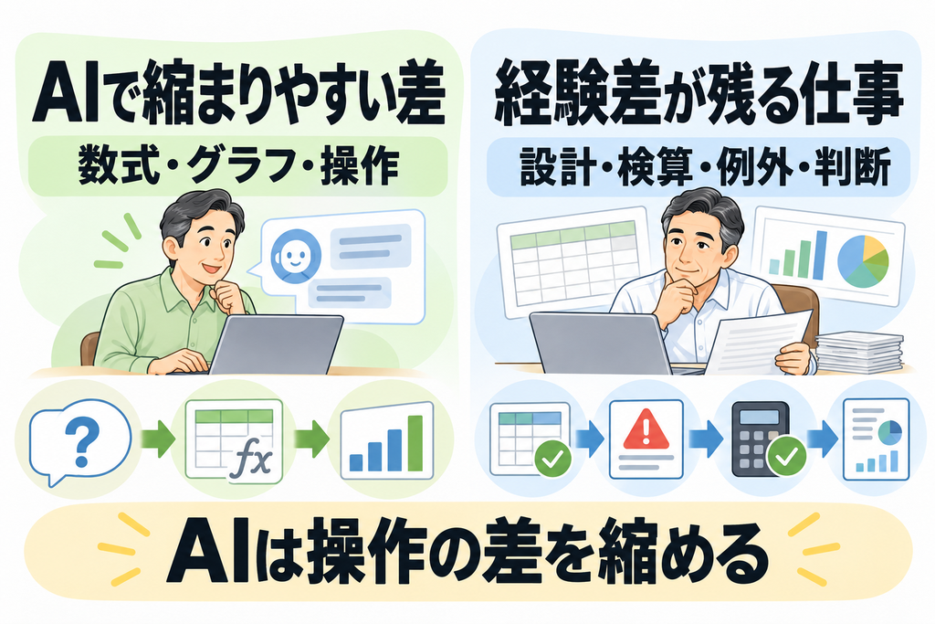 ExcelでAIが縮めやすい操作の差と経験が必要な仕事の比較