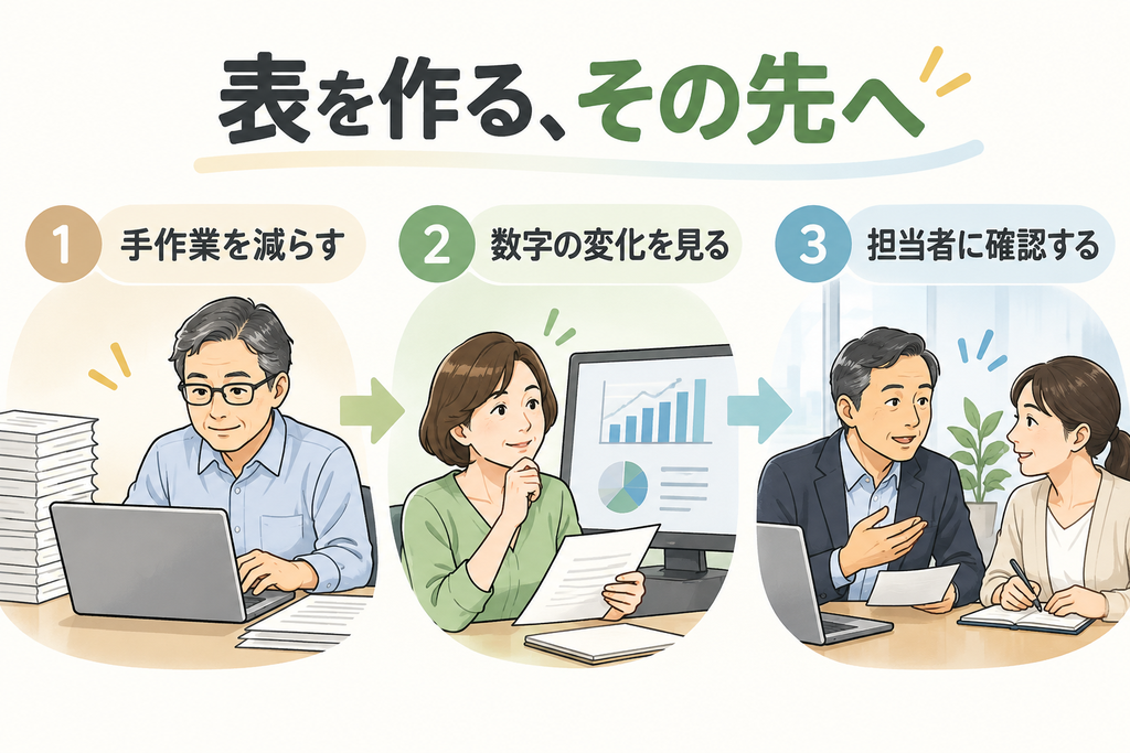 売上集計の時短で生まれた時間を数字の確認と担当者への相談に使う流れ